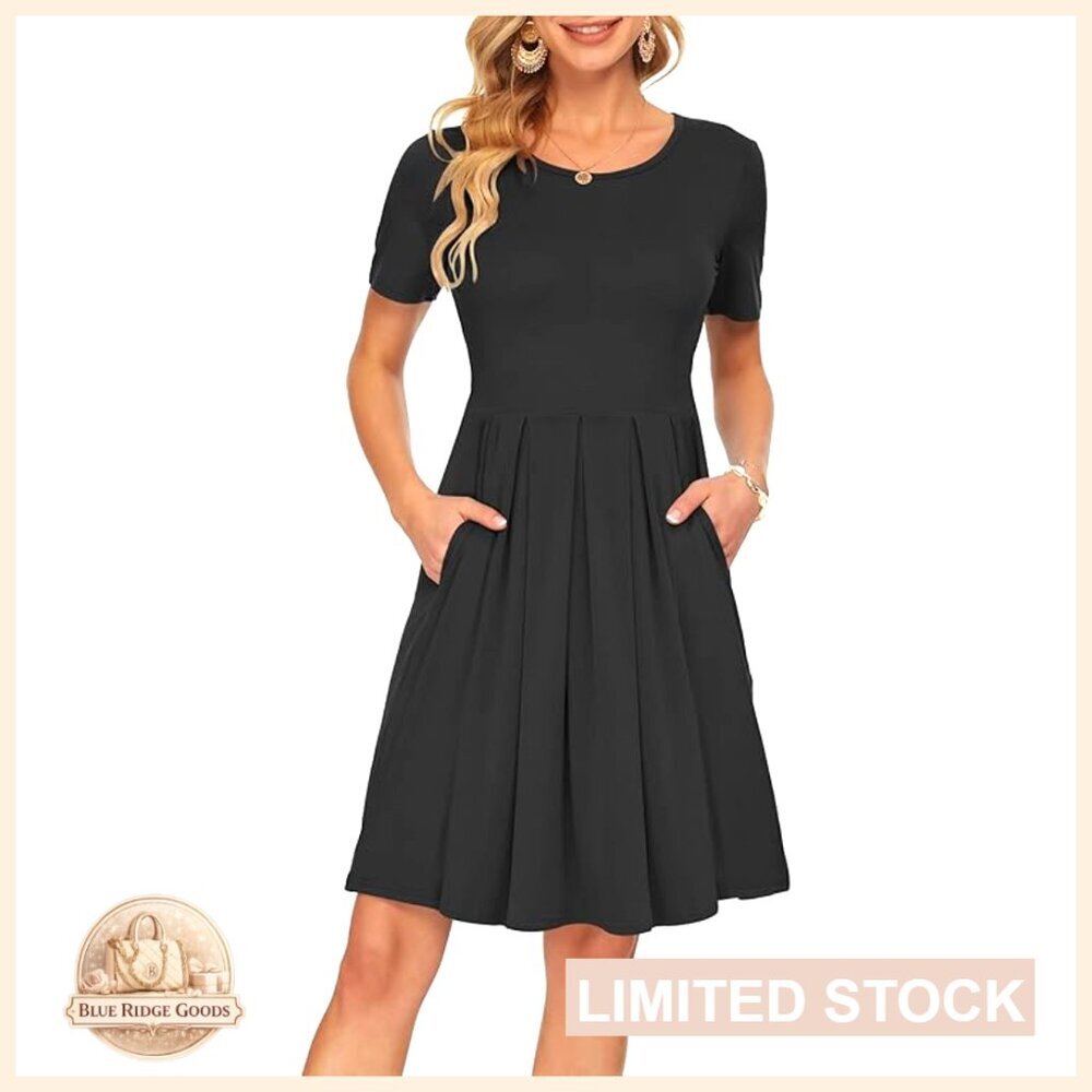 Pleated Swing Dress with Pockets Loose Fit Casual Summer Elegant Chic